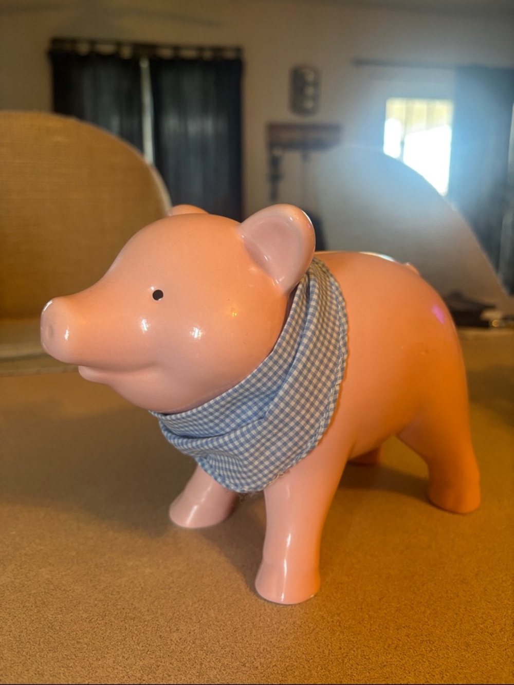 Pink Ceramic Pig Figurine with Blue Check Bandana - Home Accents